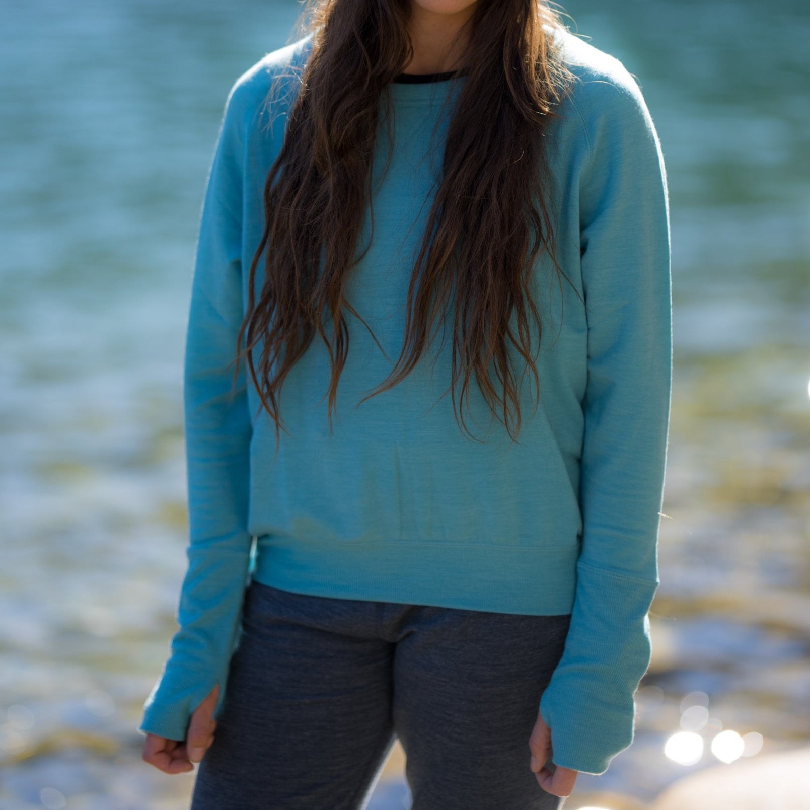 Mineral blue Natural Tencel sweatshirt on a woman
