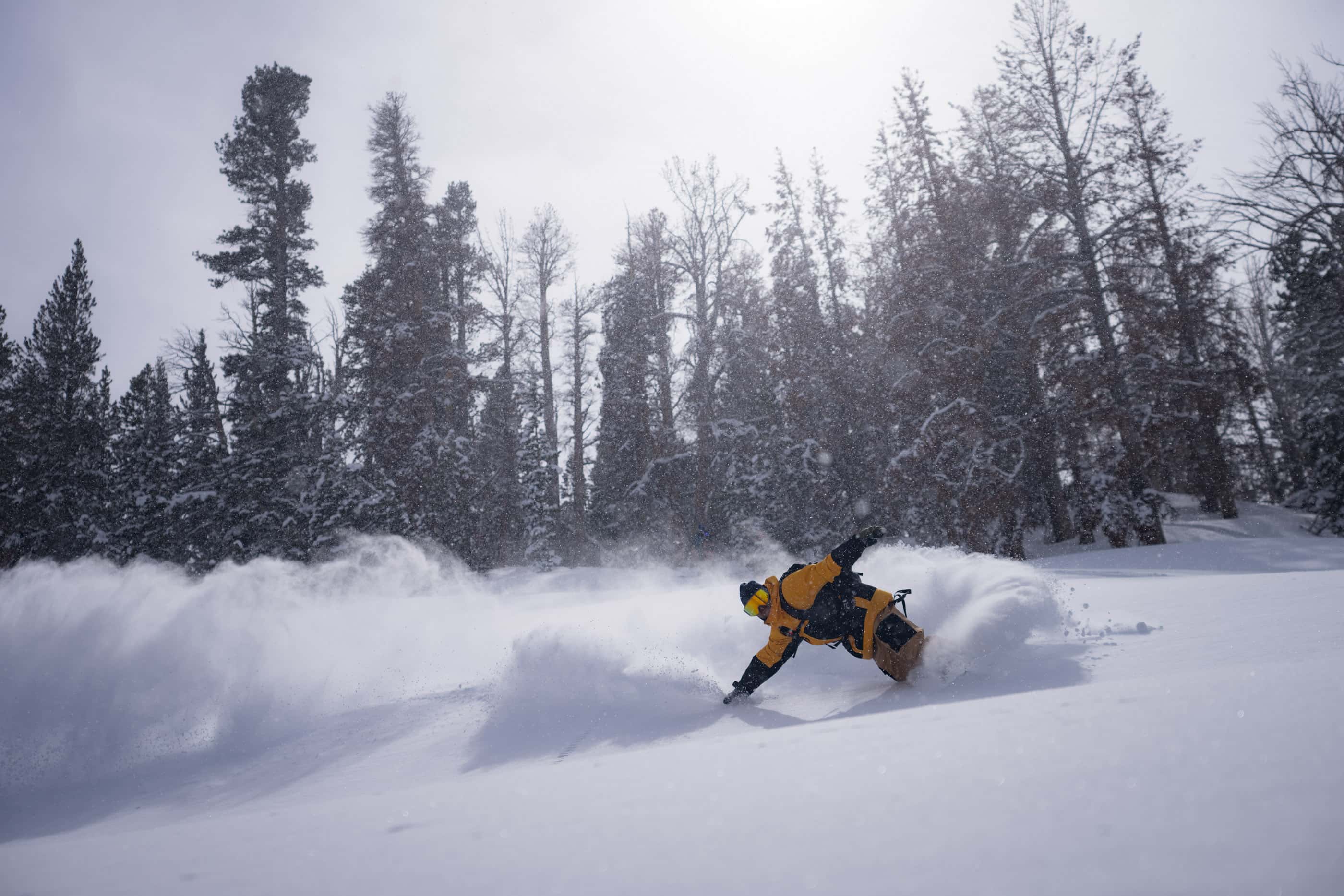 Tim Humphreys touches the ground while snowboarding down a backcountry hill