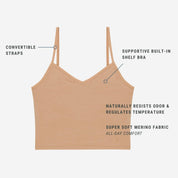 Ridge Merino bralette features graphic: convertible straps, supportive built-in shelf bra, naturally odor resistant/temperature regulating, super soft Merino wool fabric for all-day comfort
