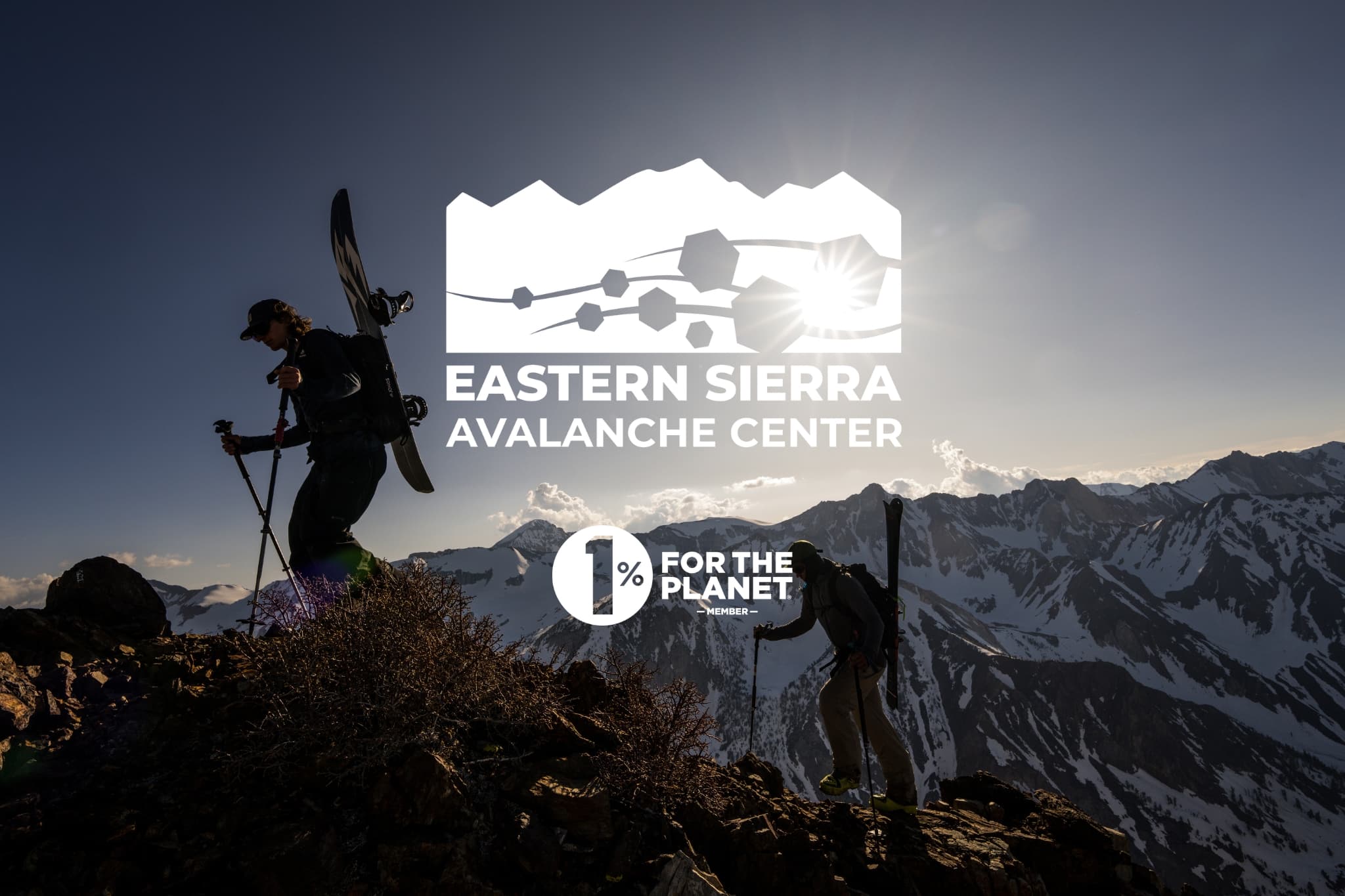two backcountry skiers walking on a mountain with the Eastern Sierra Avalanche Center and 1% For The Planet logos over it