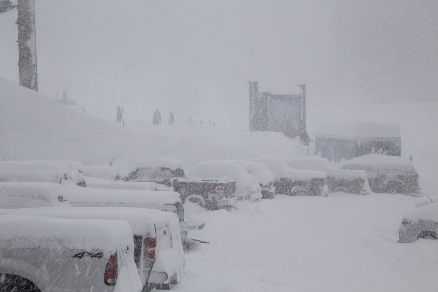 cars covered in snow at the Chair 2 parking lot at Mammoth Mountain