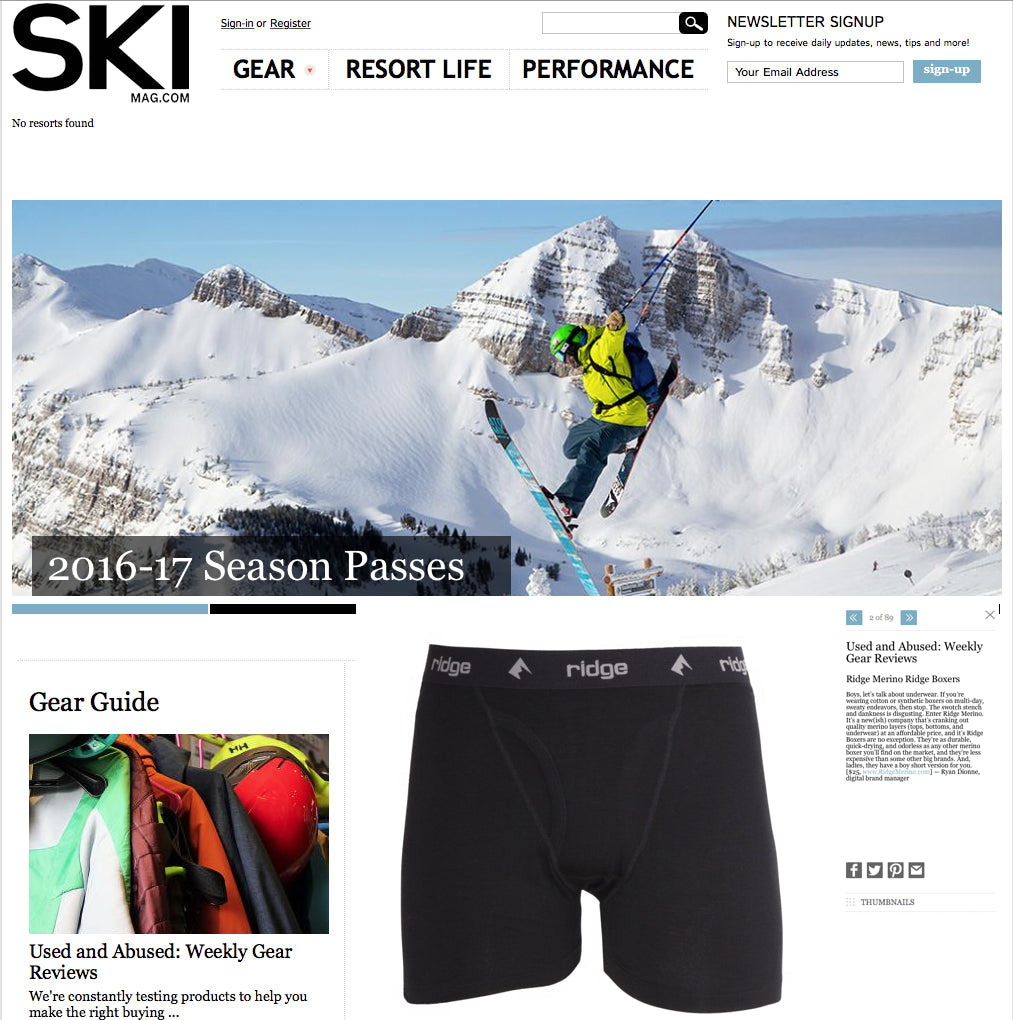 a screenshot of Ridge Boxer Briefs featured in Ski Magazine