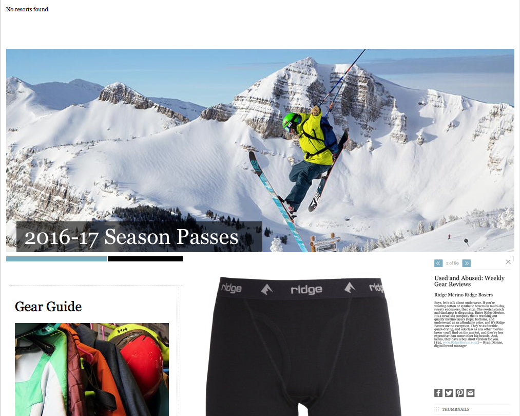 a screenshot of Ridge Boxer Briefs featured in Ski Magazine