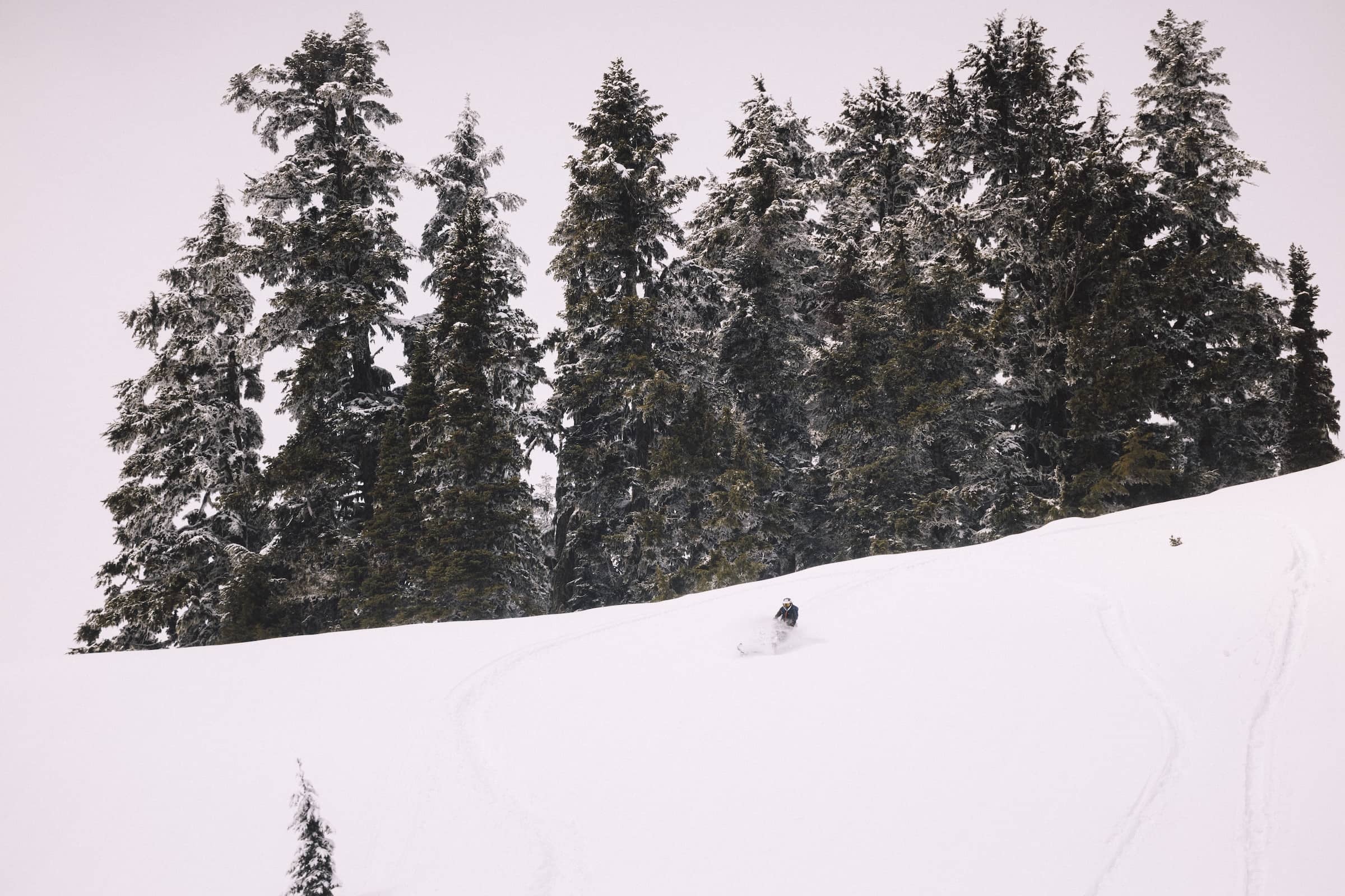 Hana Beaman snowmobiling in a forest