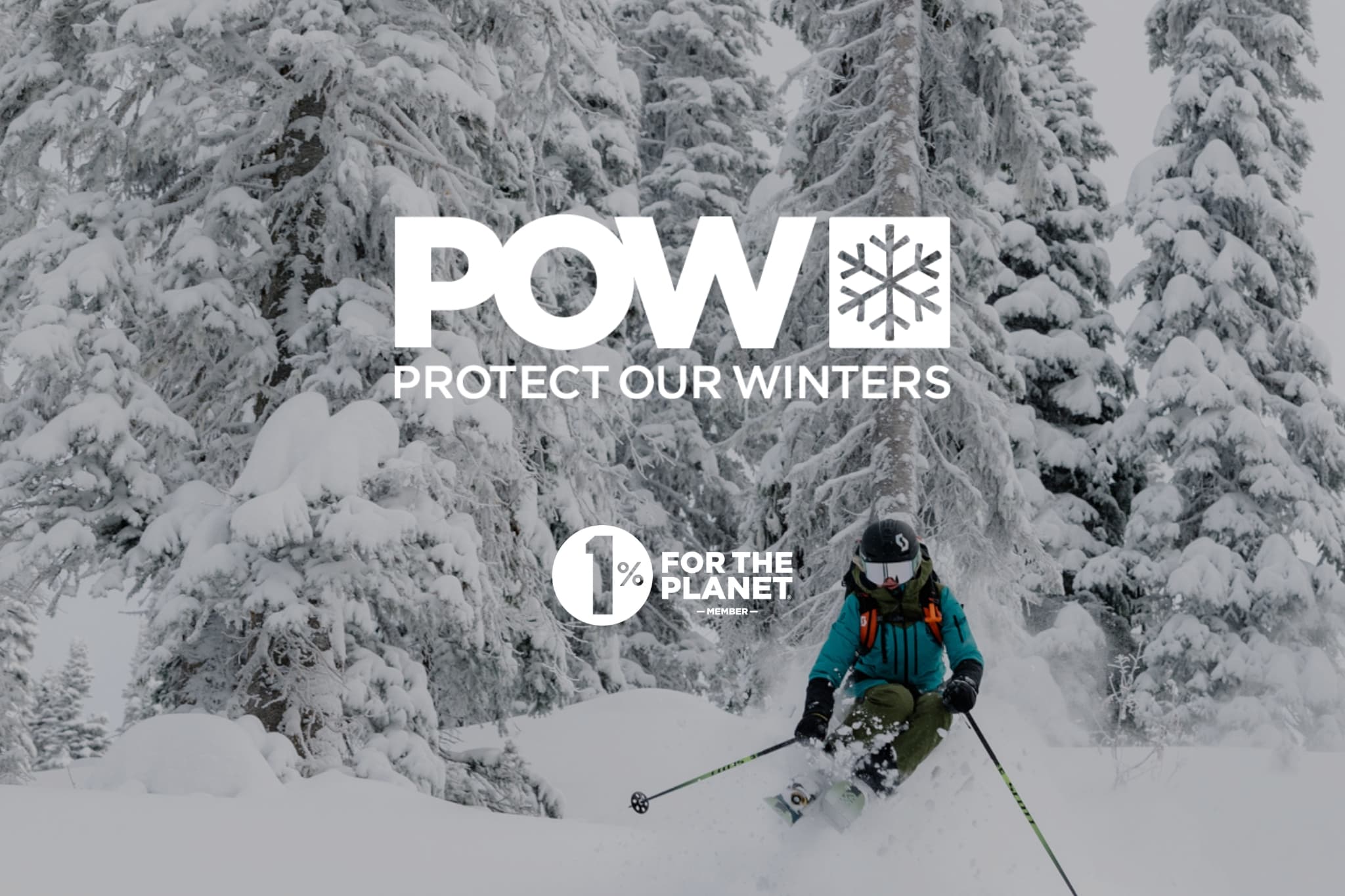 a skier skiing with the POW Protect Our Winters logo and 1% For The Planet logo over it