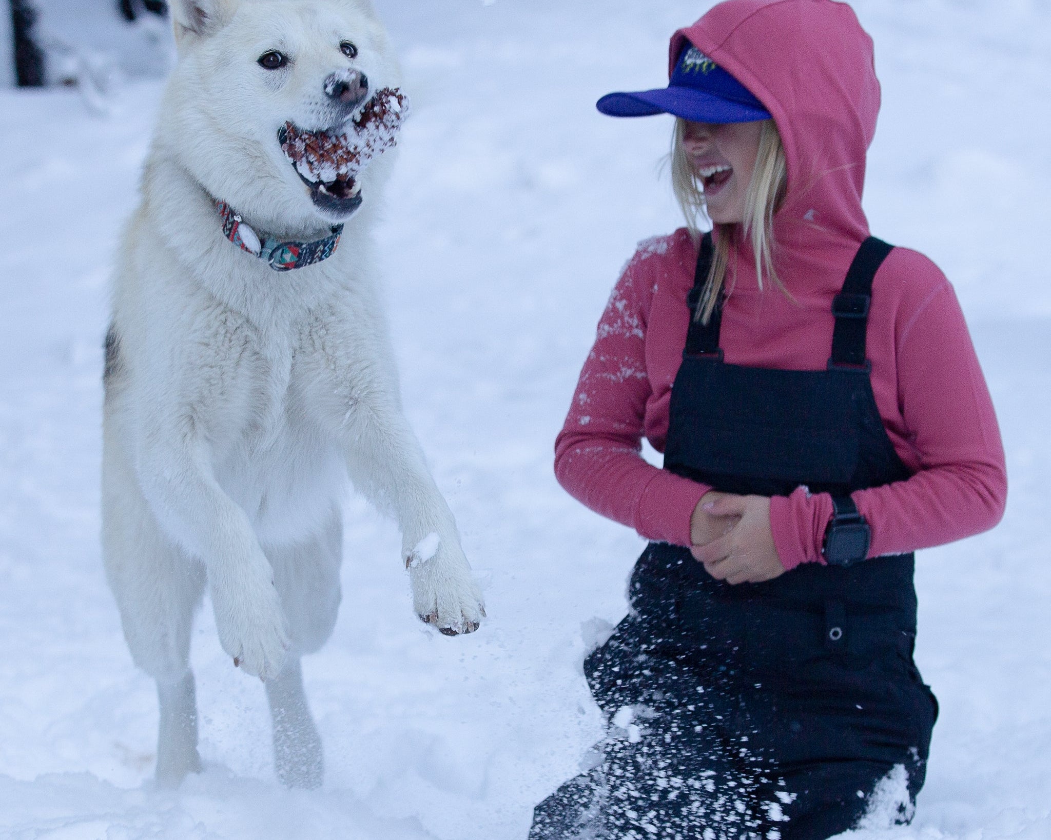 a girl playing with her husky in the snow wearing a pink Kids' Hyde Hoodie