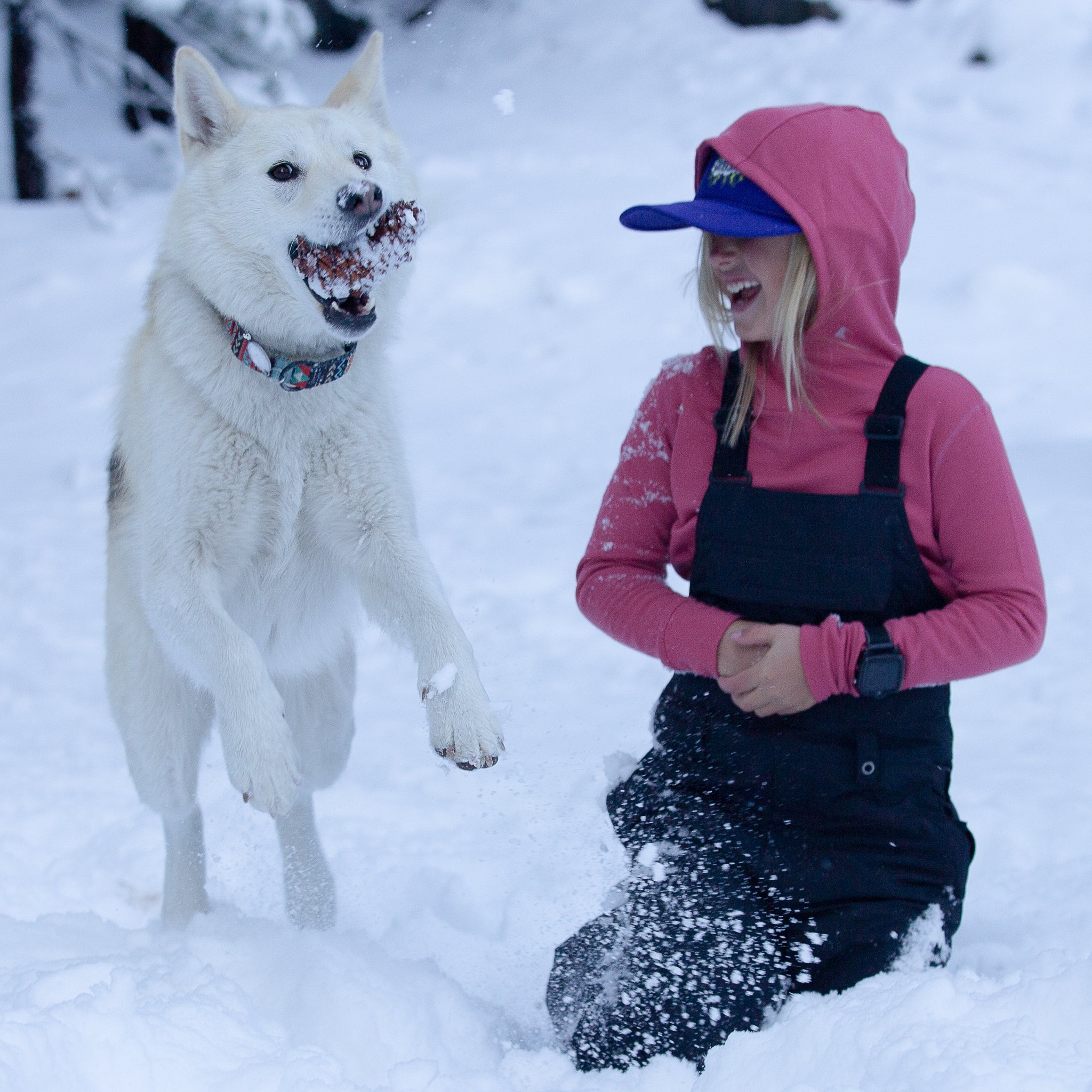 a girl playing with her husky in the snow wearing a pink Kids' Hyde Hoodie