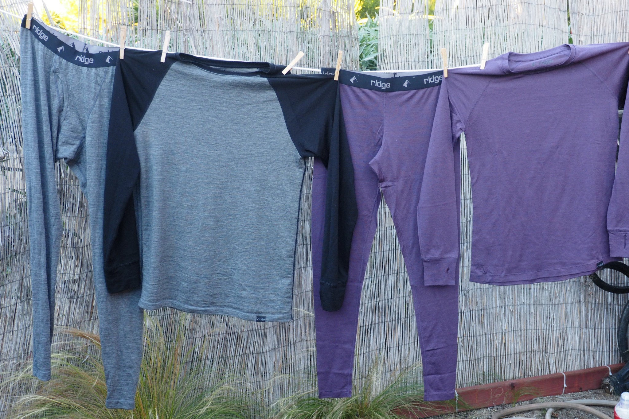 Ridge Merino base layers hanging on a line to dry