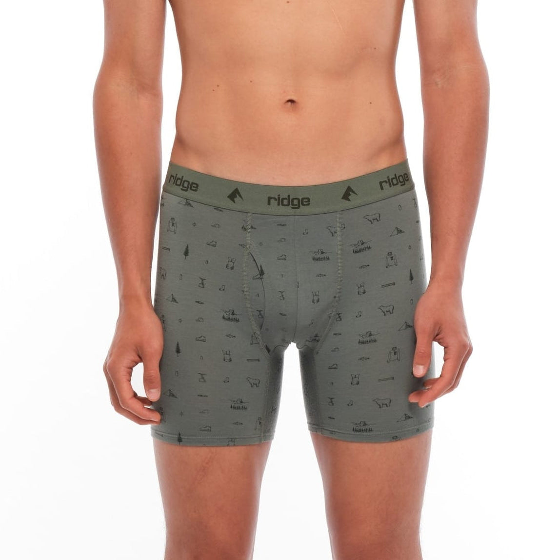 man wearing Backpacker Print Ridge Merino Boxer Briefs