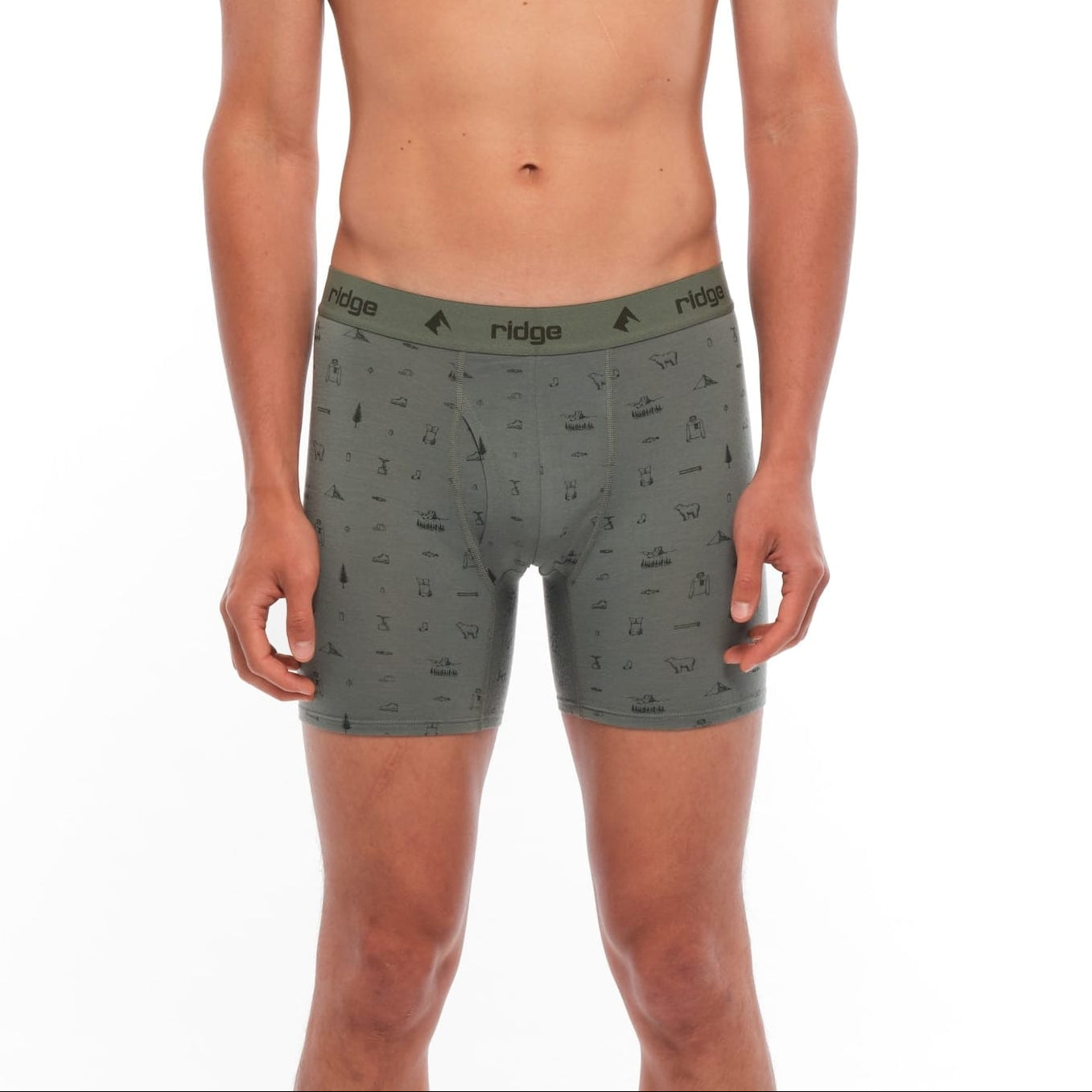 man wearing Backpacker Print Ridge Merino Boxer Briefs
