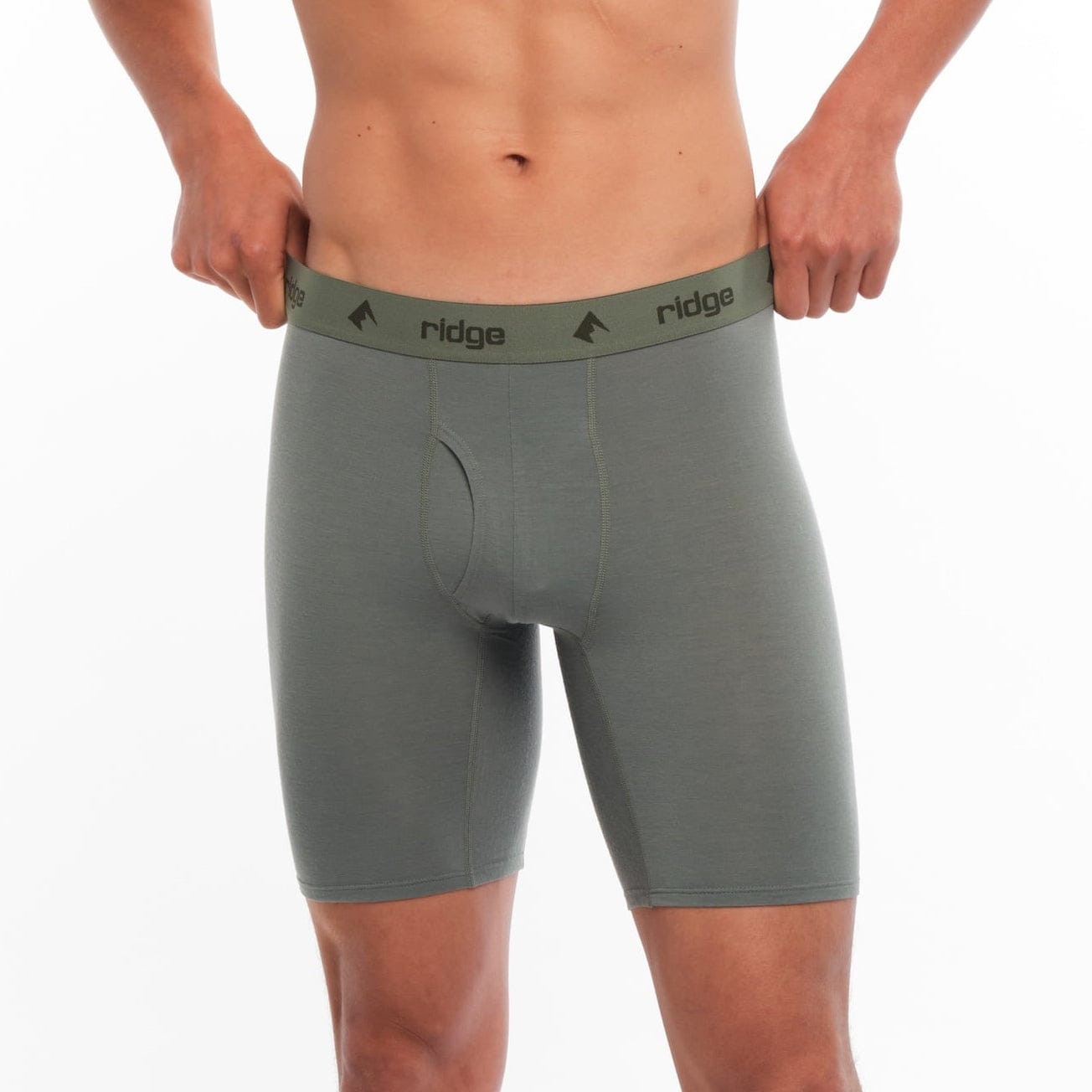 man wearing Agave Green Long Merino Boxer Briefs