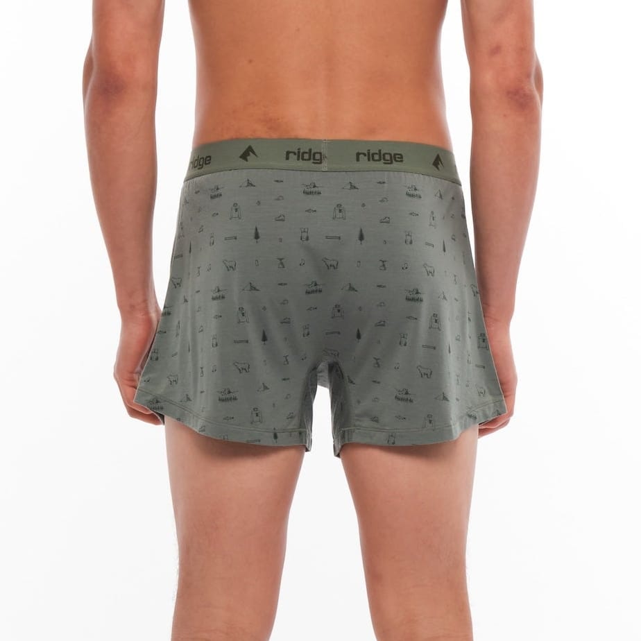 a man wearing Backpacker Print Ridge Merino Boxer Shorts from the back