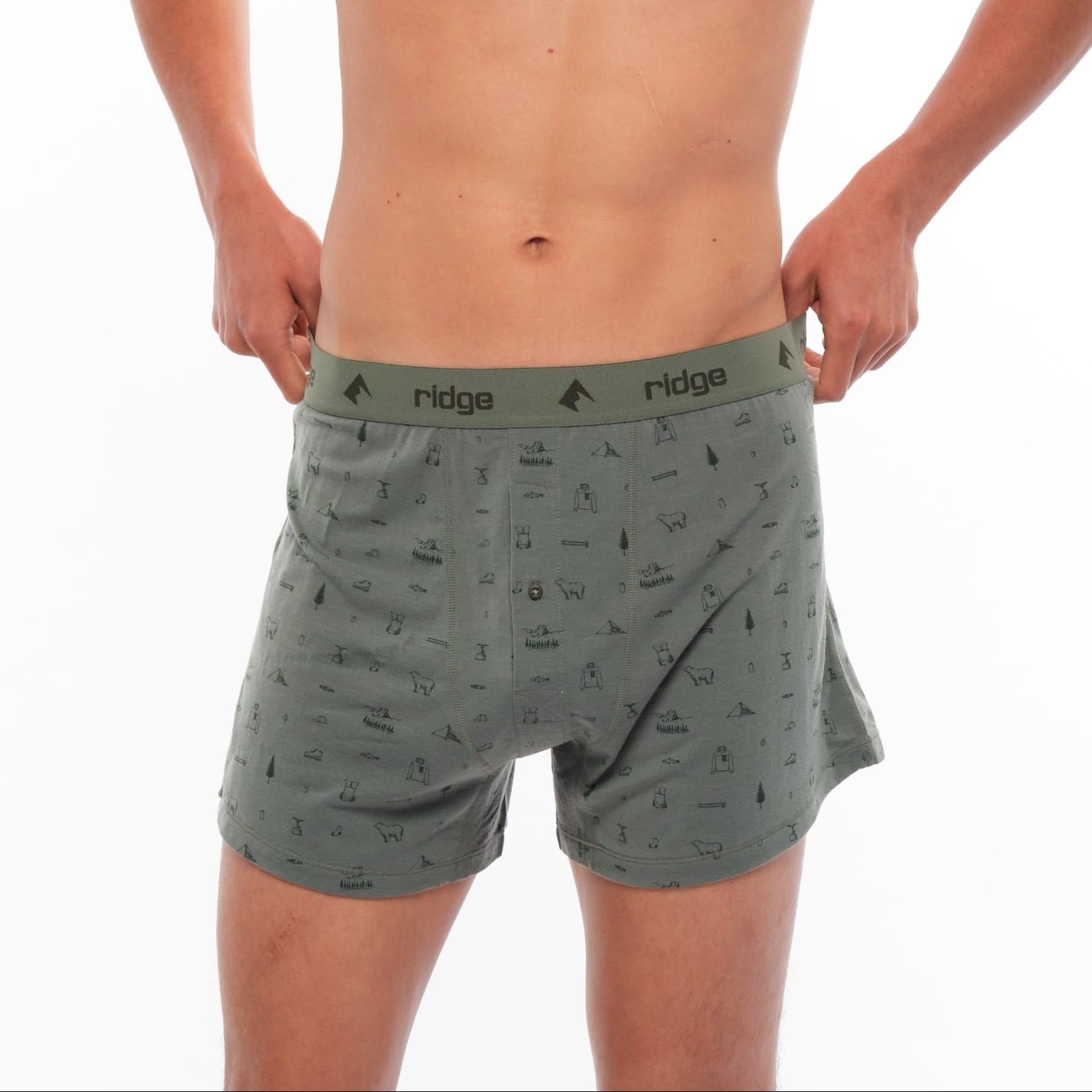 a man wearing Backpacker Print Ridge Merino Boxer Shorts