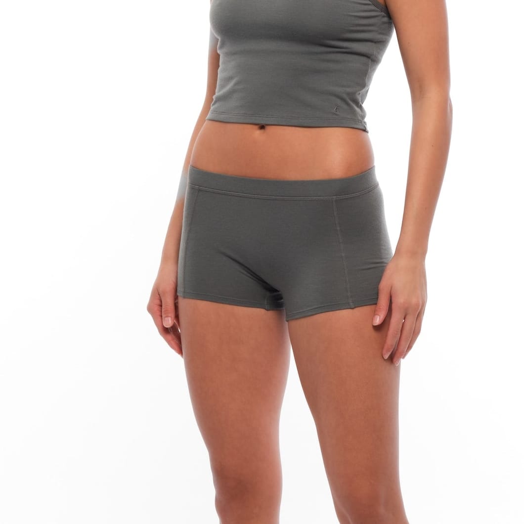 a woman wearing Gunmetal Boy Shorts with a matching bralette