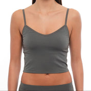 a woman wearing a Gunmetal Bralette with matching boy shorts