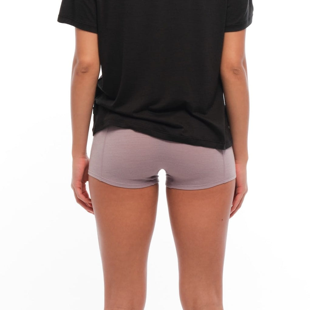 Dusty Lilac boy shorts from the back with a black Canopy Tee