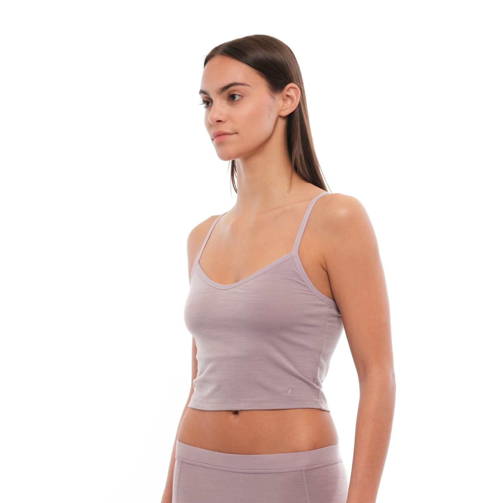 a woman wearing a Dusty Lilac Bralette with matching boy shorts