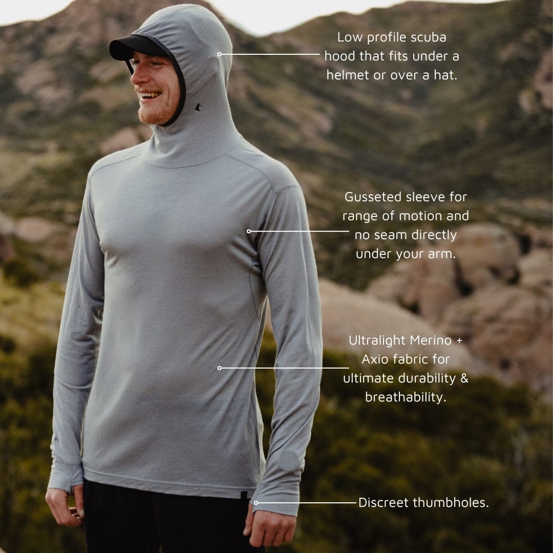 Graphic showing all the features of the Pursuit Ultralight Hoodie