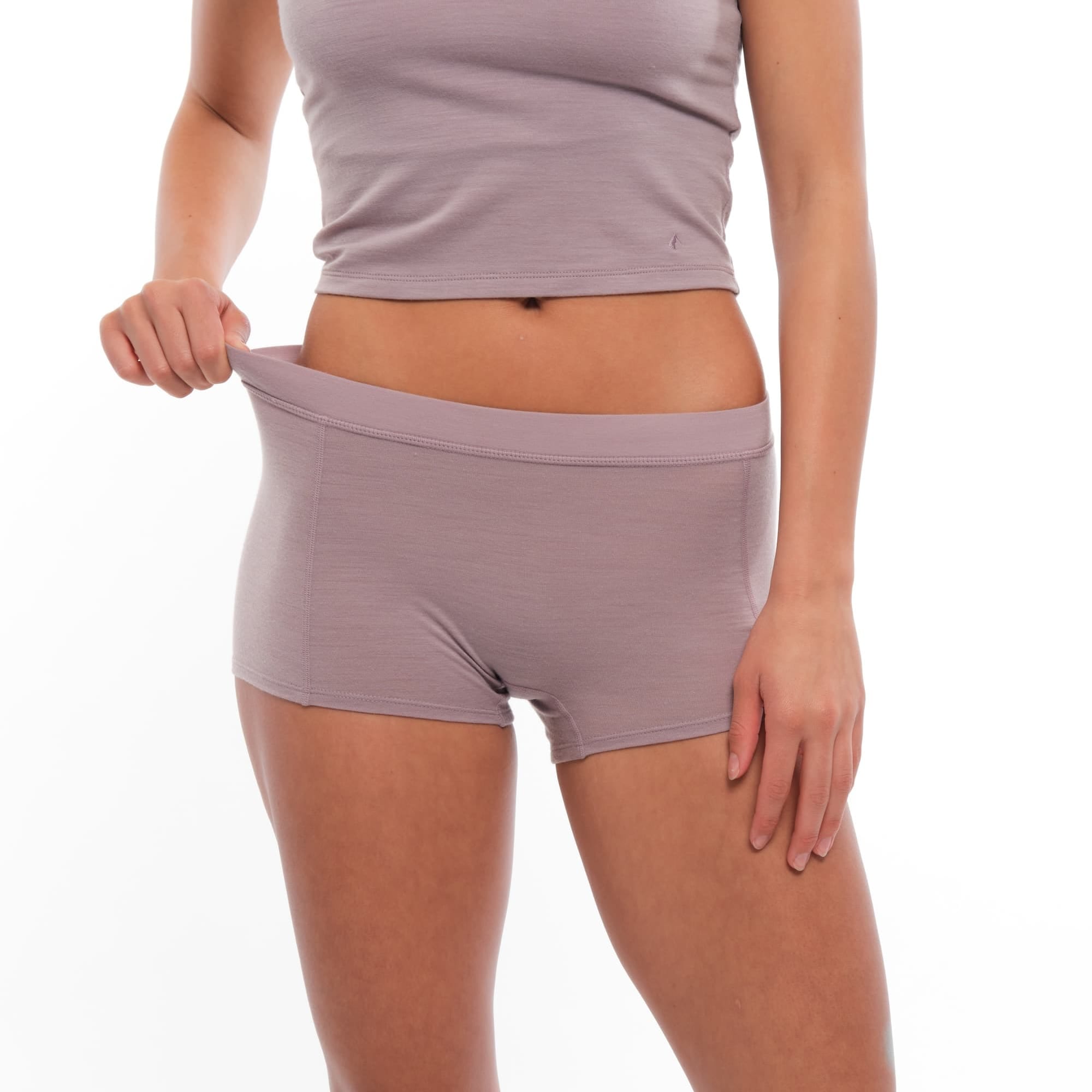 woman wearing boy short underwear in Dusty Lilac with a matching bralette