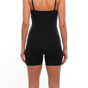 a woman wearing a Ridge Merino cami with long Boy shorts in Black