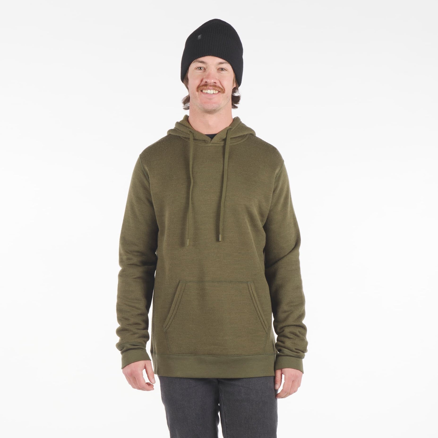 a man wearing an Onsen Hoodie in Surplus Green