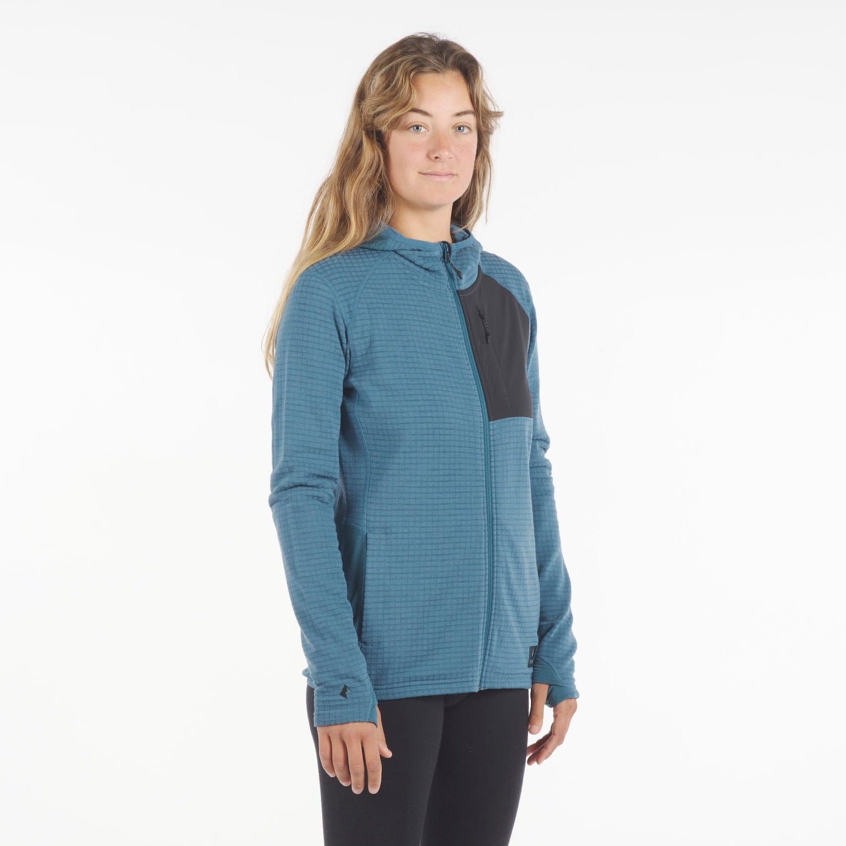 a woman wearing a Cloudripper Full Zip Hoodie in blue
