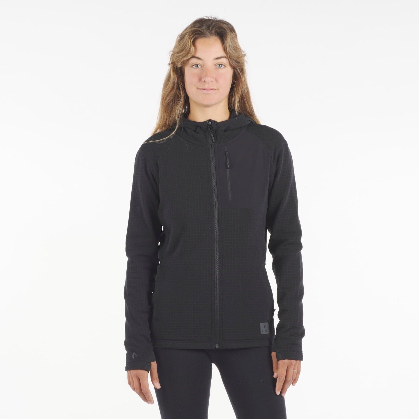 a woman wearing a Cloudripper Full Zip Hoodie in Black