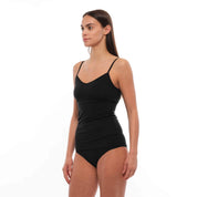 woman wearing a Black Merino Wool Cami with matching hipster briefs