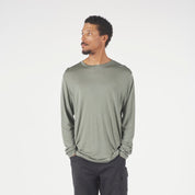 A man wearing a long sleeve Canopy Shirt in Agave Green