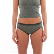 woman wearing Backpacker Print Hipster Brief Merino Underwear with a matching bralette