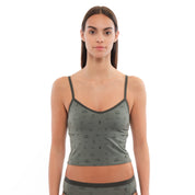 a woman wearing a Backpacker Print Bralette with matching hipster briefs