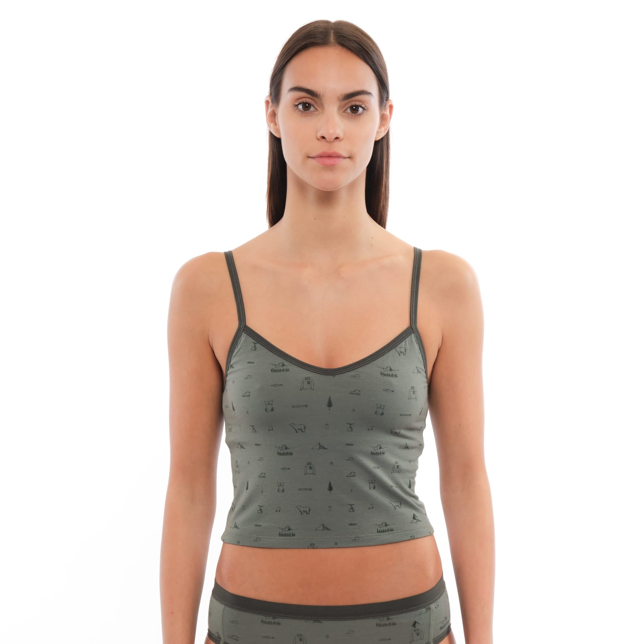 a woman wearing a Backpacker Print Bralette with matching hipster briefs
