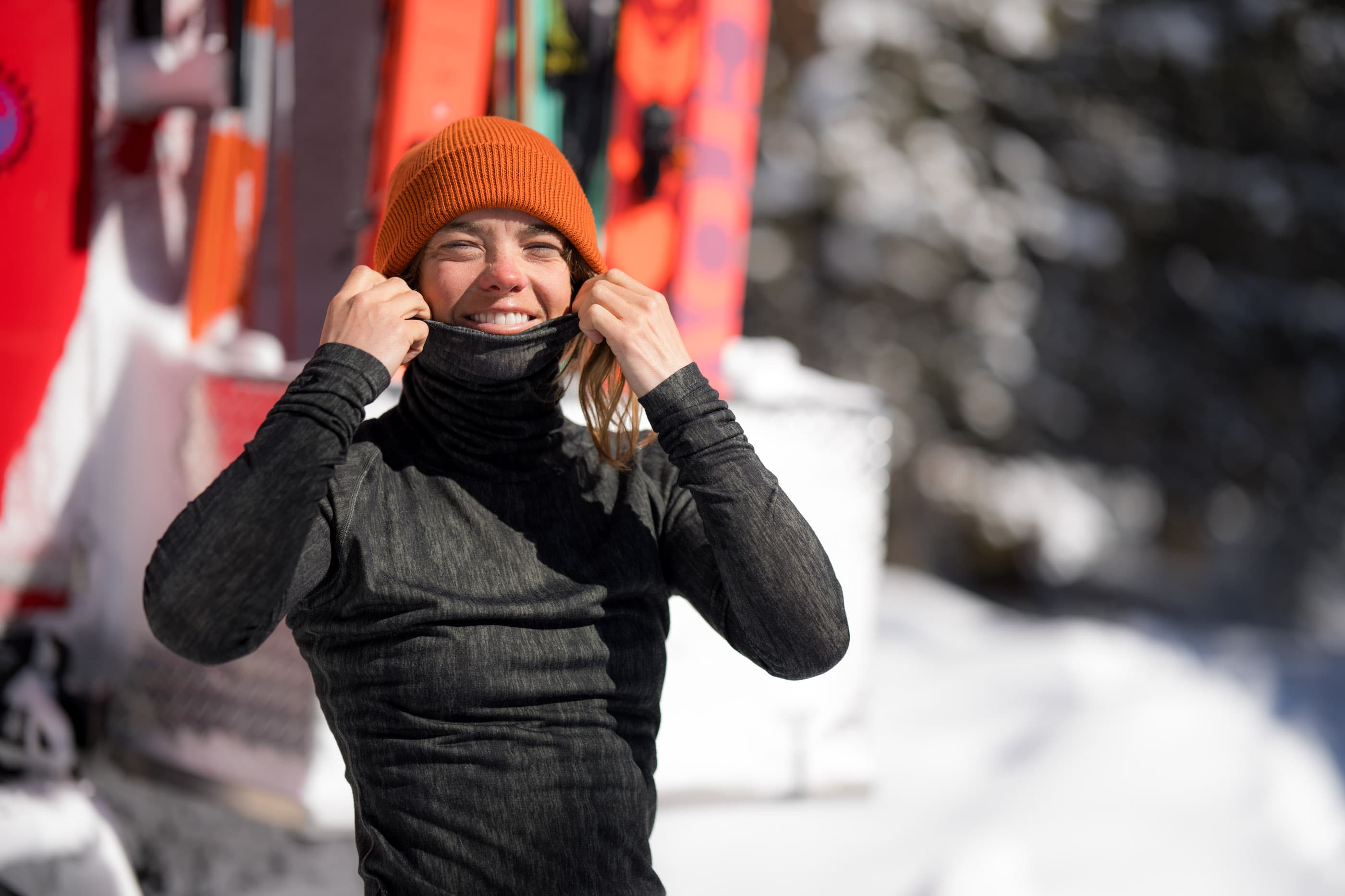 Molly Armanino wearing Ridge Merino Aspect base layers on a backcountry ski day