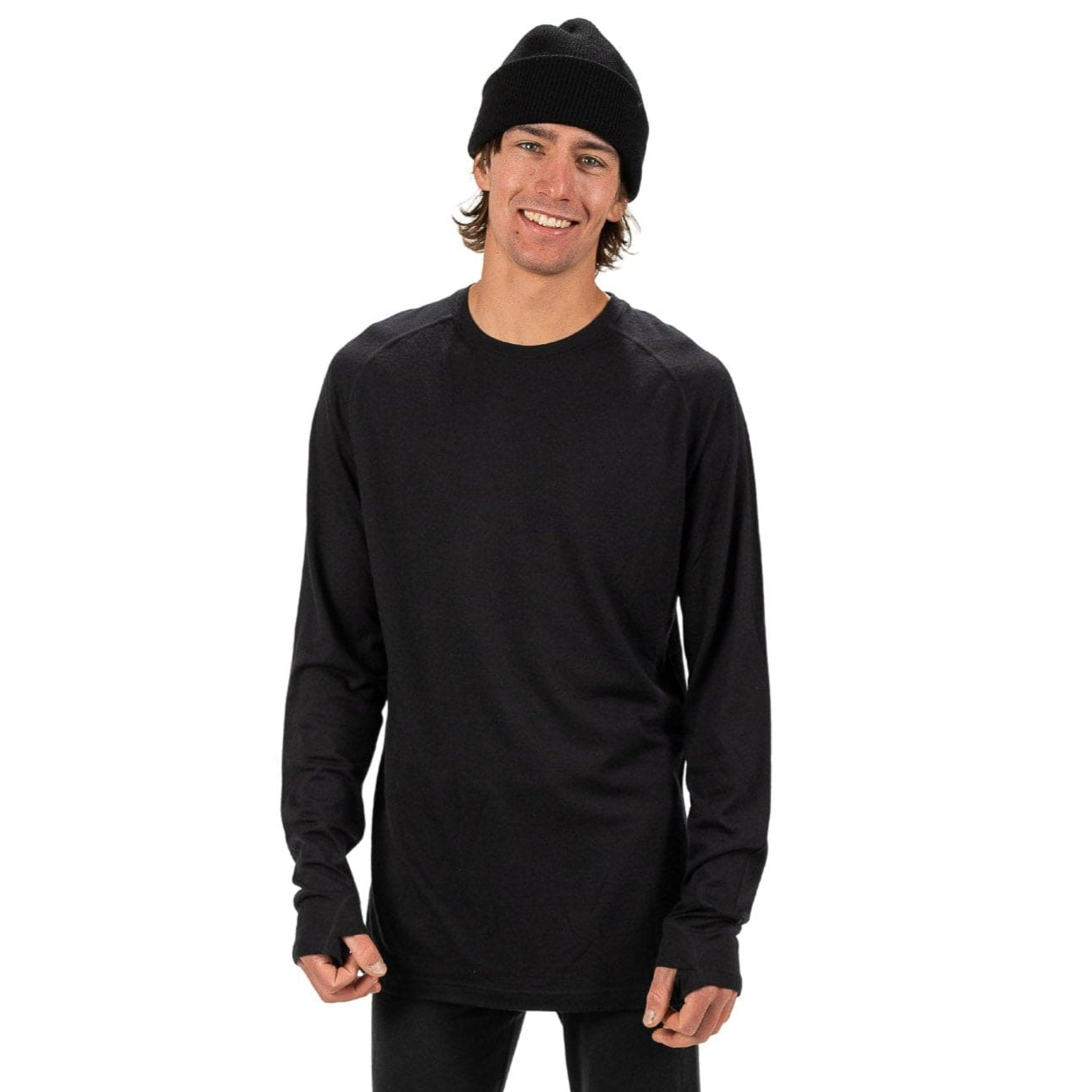 Men's Aspect Midweight Merino Wool Base Layer Long Sleeve Shirt in black on a studio model