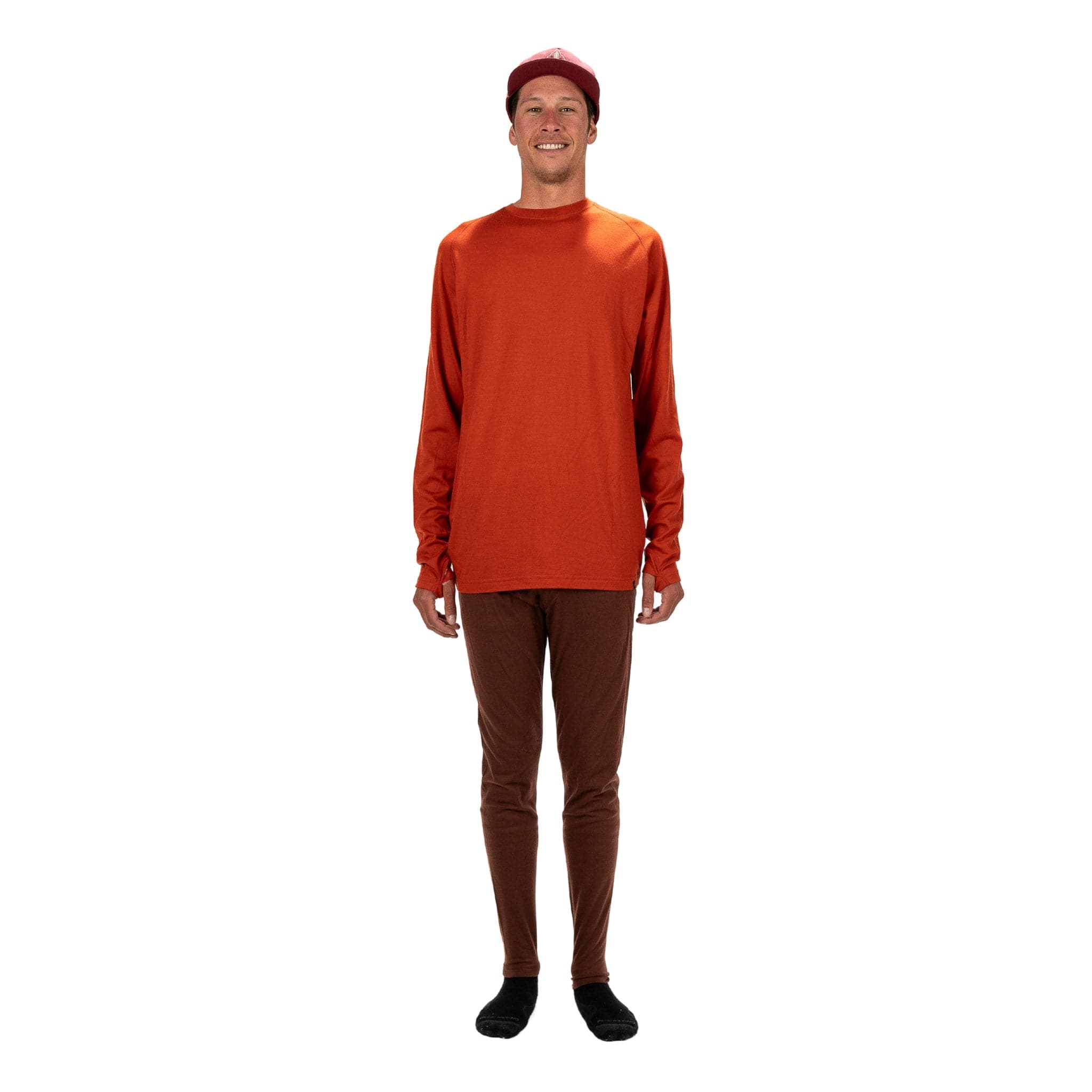 Men's Aspect Merino Wool Base Layer Long Sleeve on a studio model with coordinated Aspect Bottoms