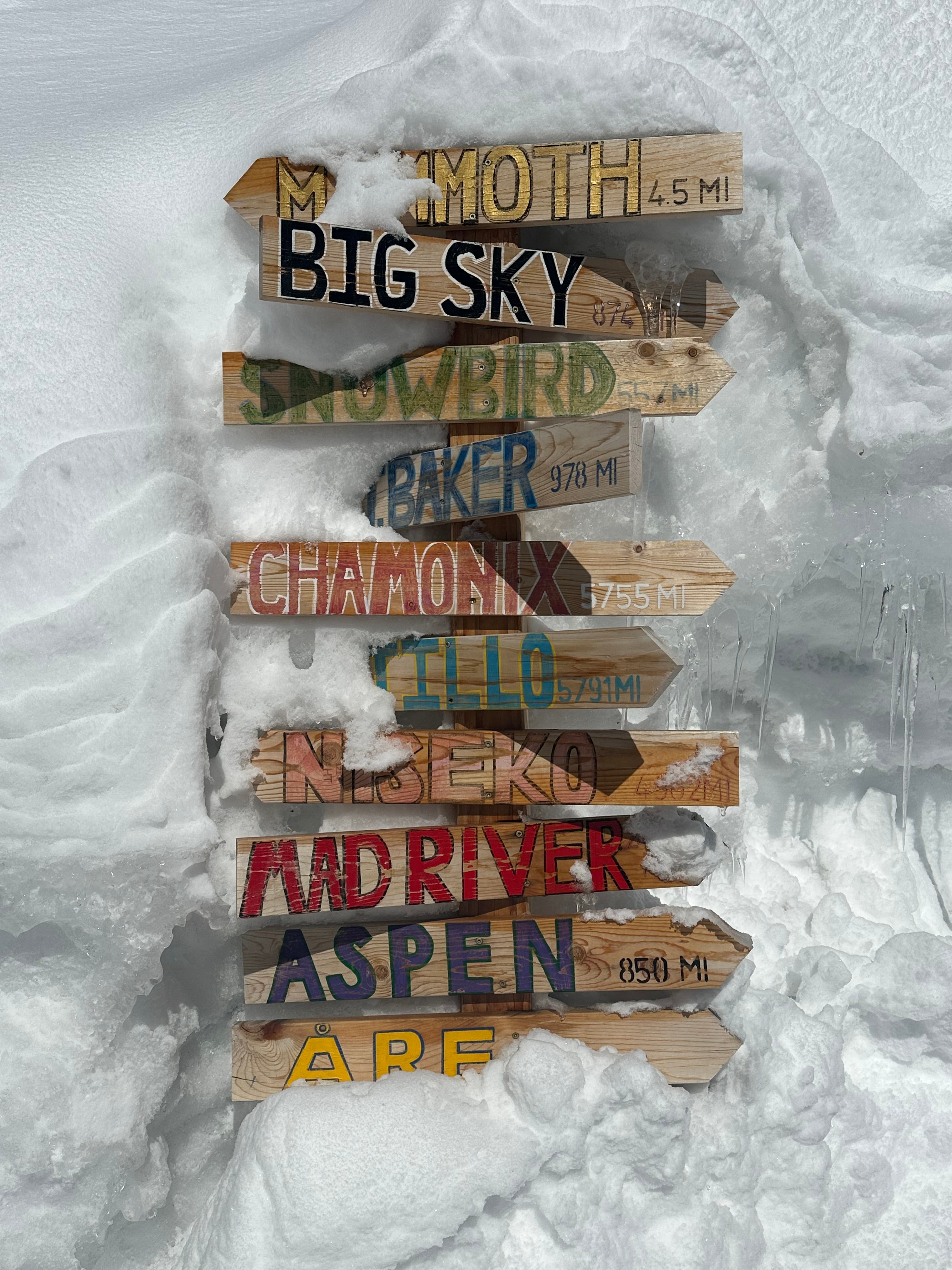 the handmade sign to other mountain town locations outside the Ridge Collective showroom completely buried in snow