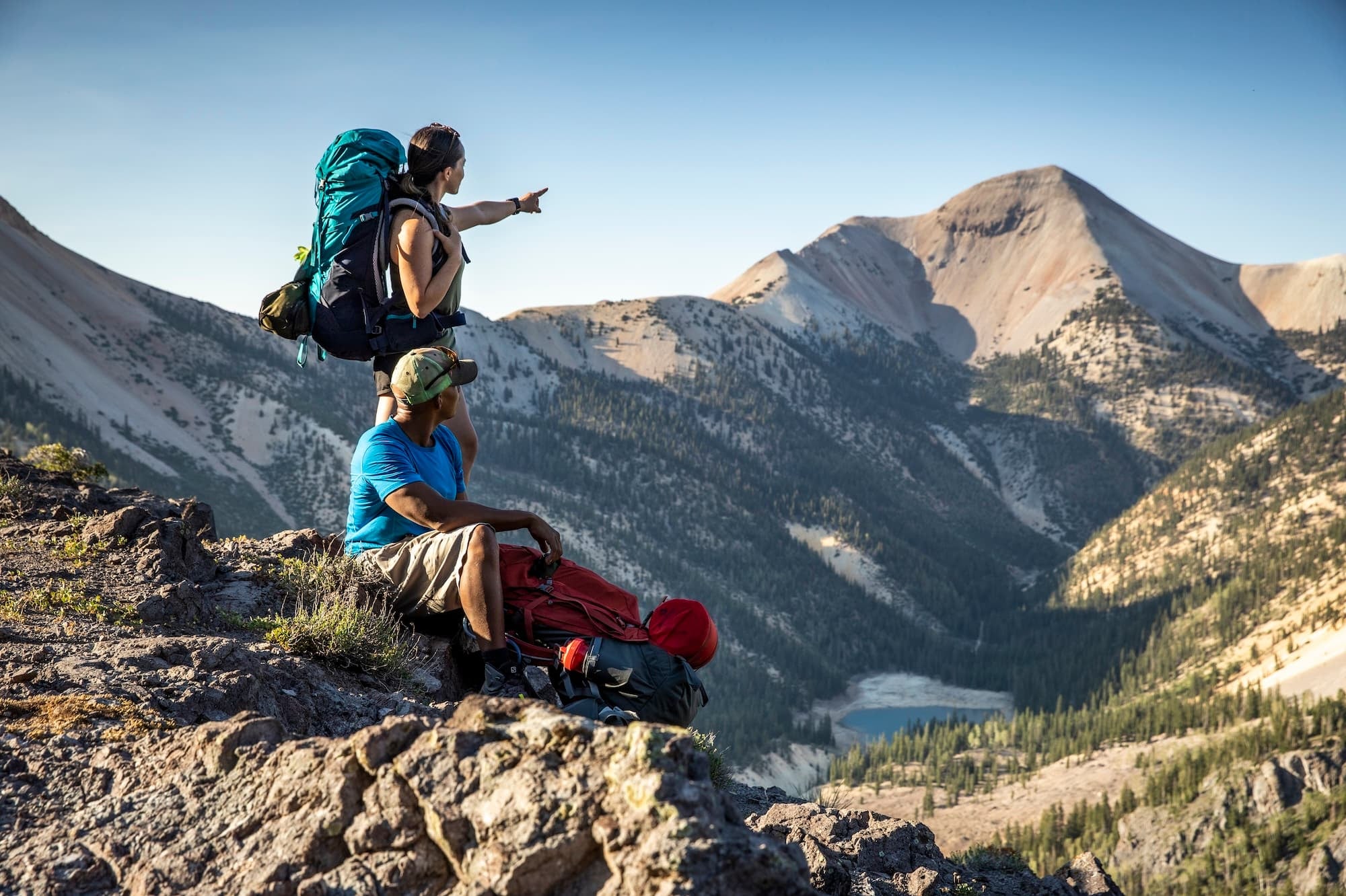 two people backpacking in the Mammoth Lakes area wearing Ridge Merino clothing