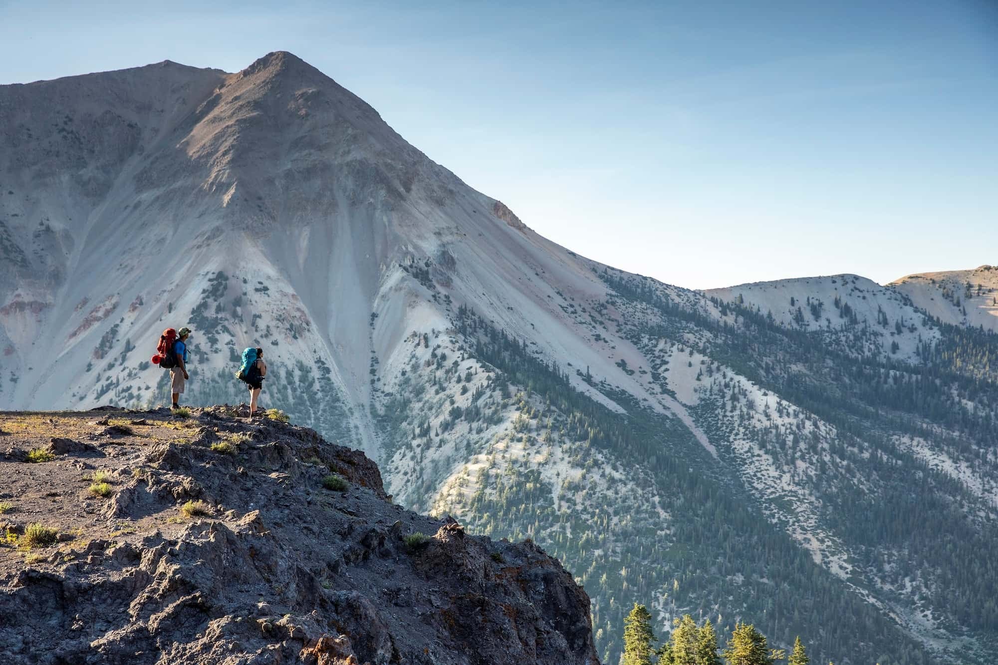 two people backpacking in the mountains around Mammoth Lakes, CA