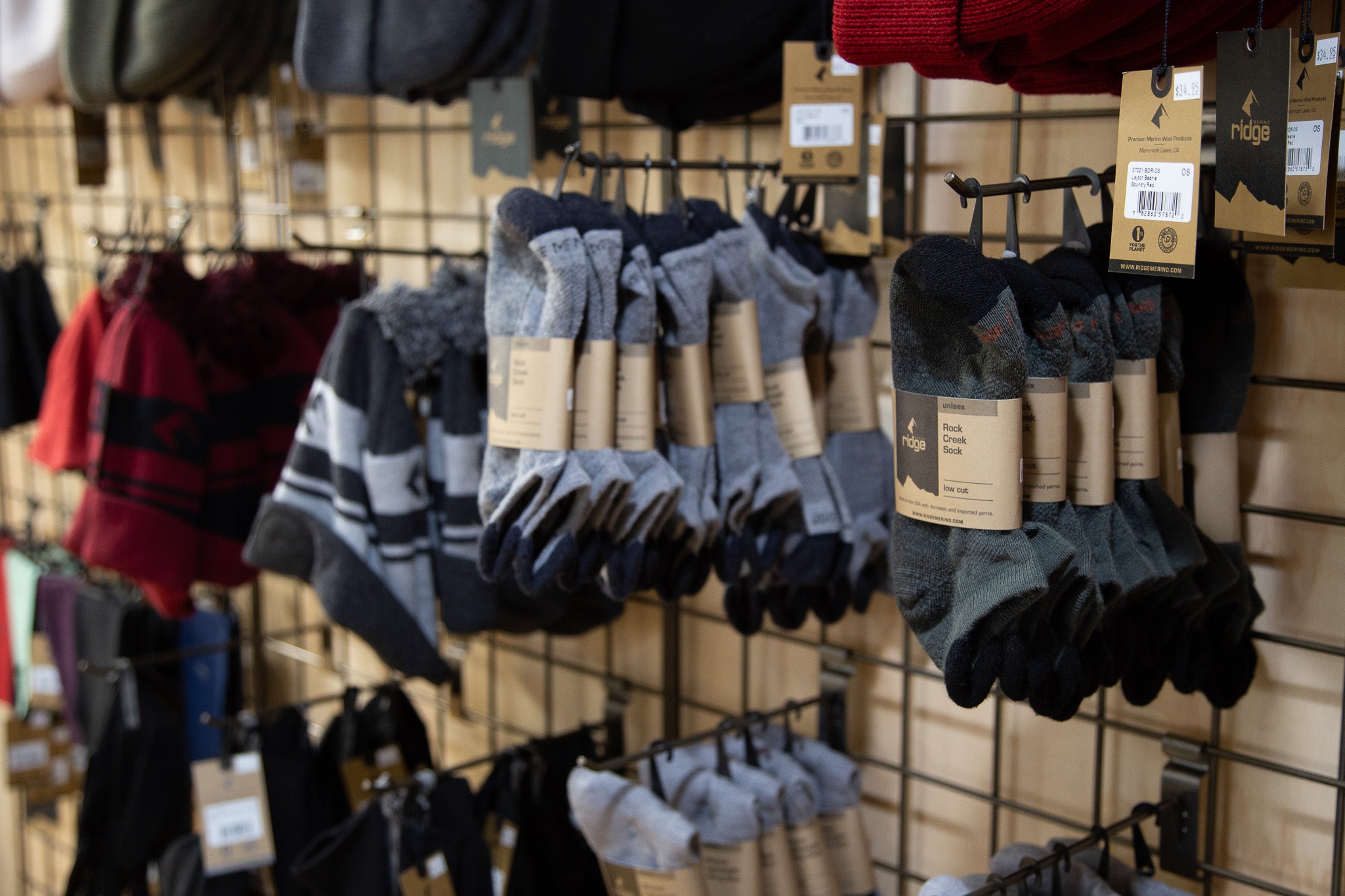 the Merino wool sock rack at Ridge Collective