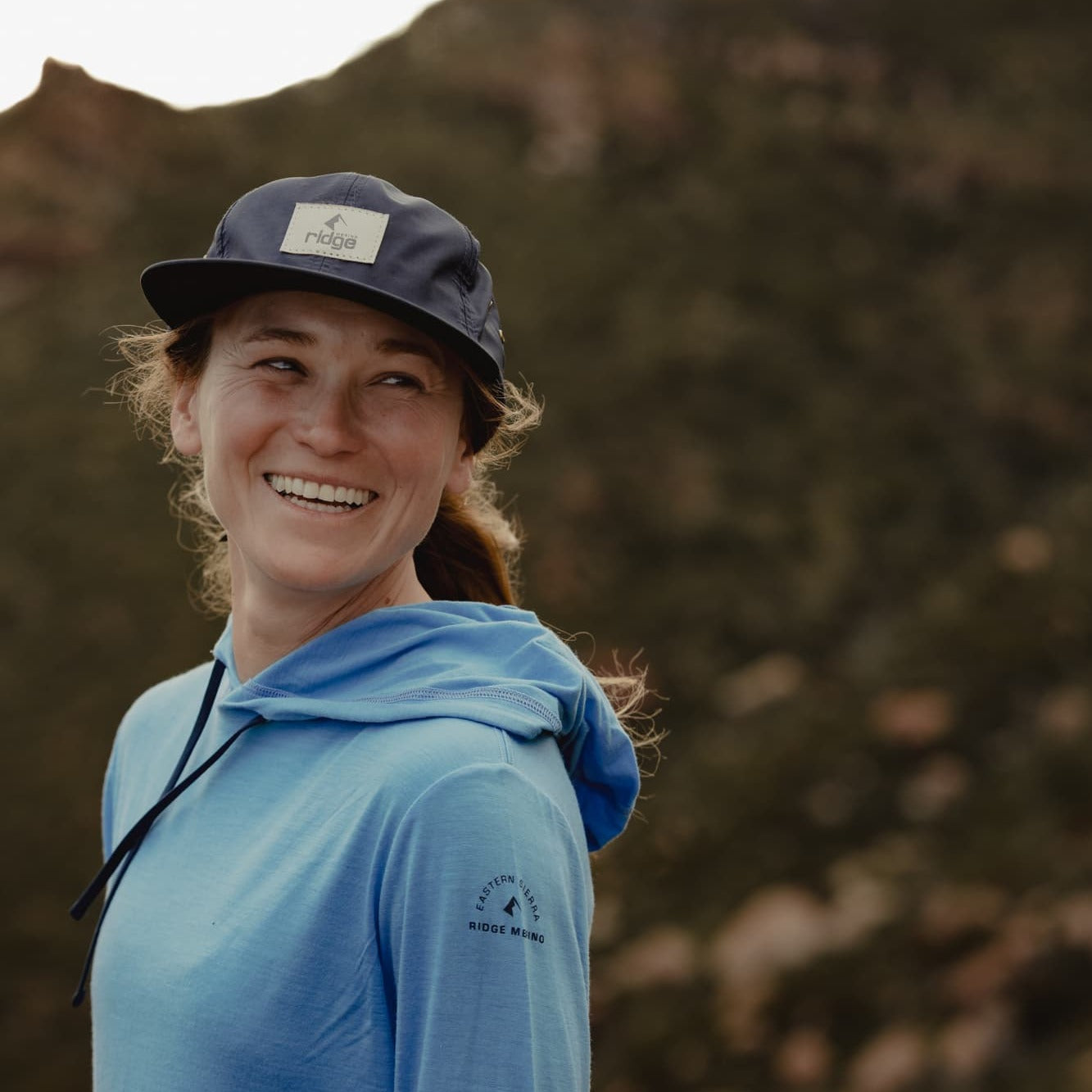 a close-up of the Eastern Sierra Ridge Merino decal on the Solstice Hoodie