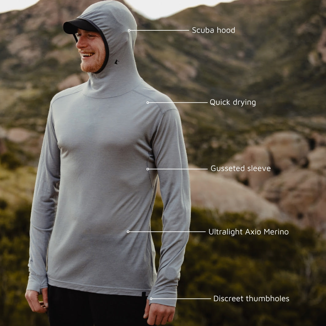 a graphic showing the features of the Pursuit Hoodie: scuba hood, quick drying, gusseted sleeve, ultralight Axio Merino and discreet thumbholes