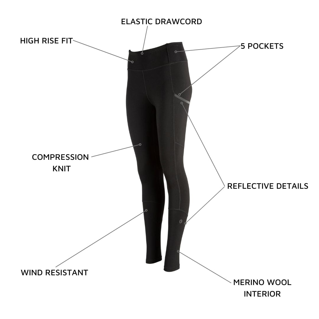 Graphic showing the features of the Women's Crowley Tight: wind resistant, compression knit, high rise fit, elastic drawcord, 5 pockets, reflective details and Merino wool interior