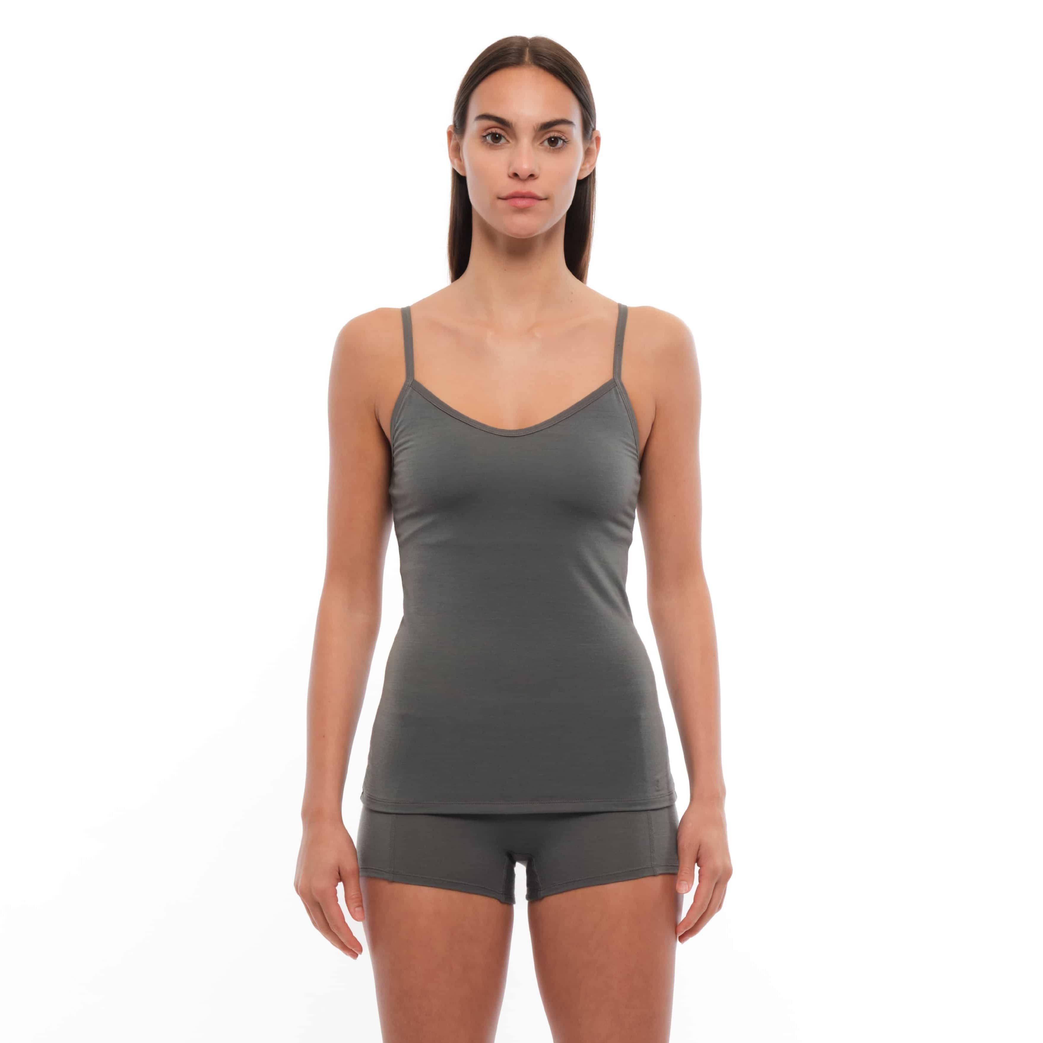 a woman wearing a Gunmetal Merino wool bralette with matching Merino boy shorts