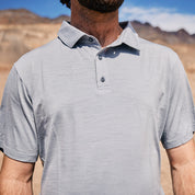 A close-up of a Journey Merino Wool Polo Shirt in Sierra Cement