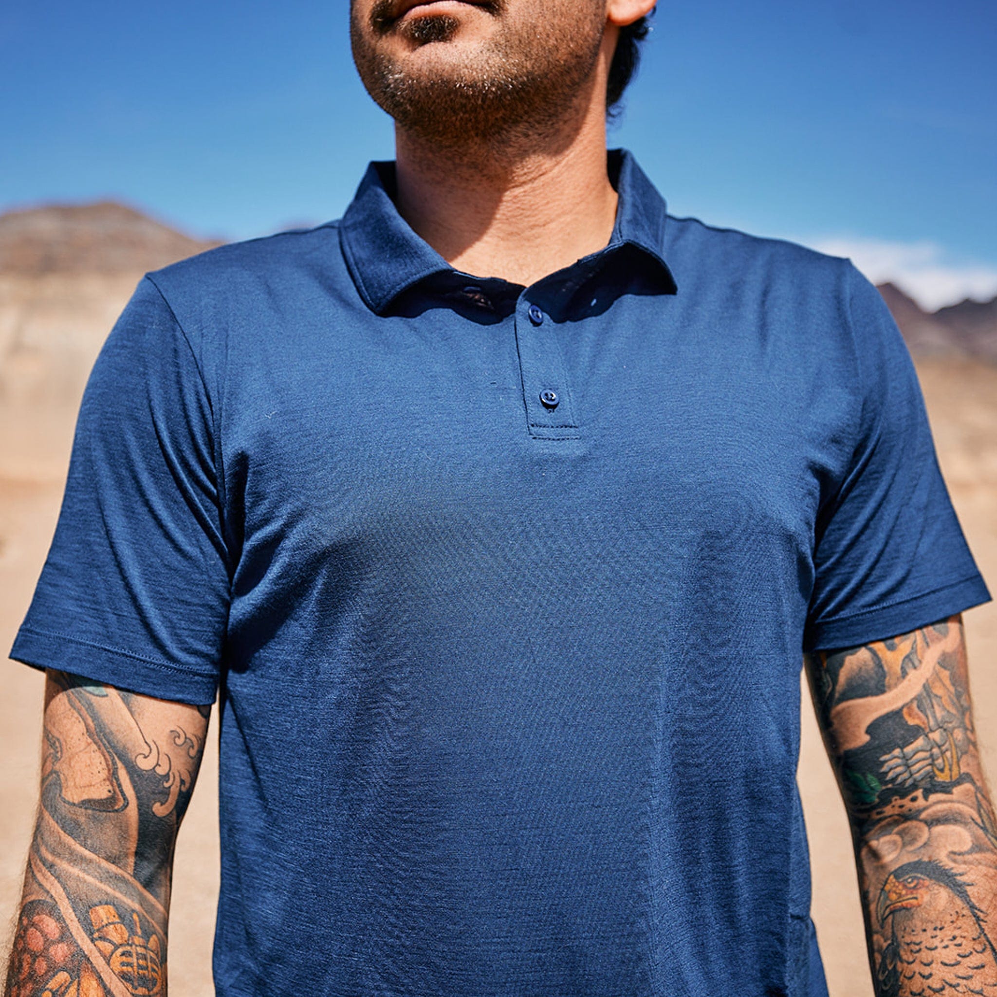 a close-up of a Journey Merino Wool Polo Shirt