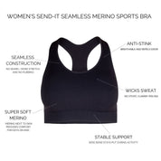 a graphic showing all features of the Women's Send-It Seamless Merino Sports Bra